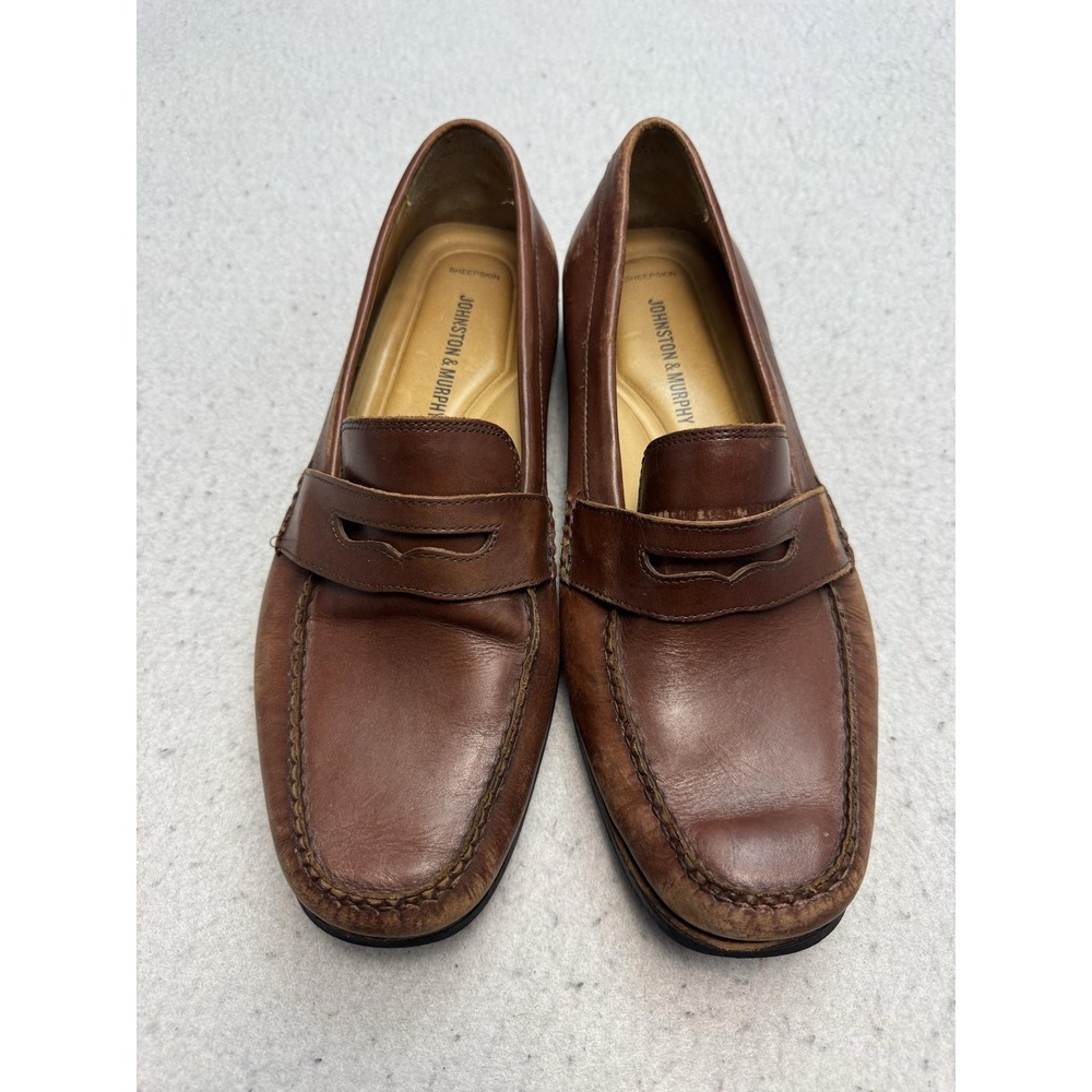 Johnston & Murphy Shoes Mens Size 10 Brown Leather Loafers Square Toe Slip On